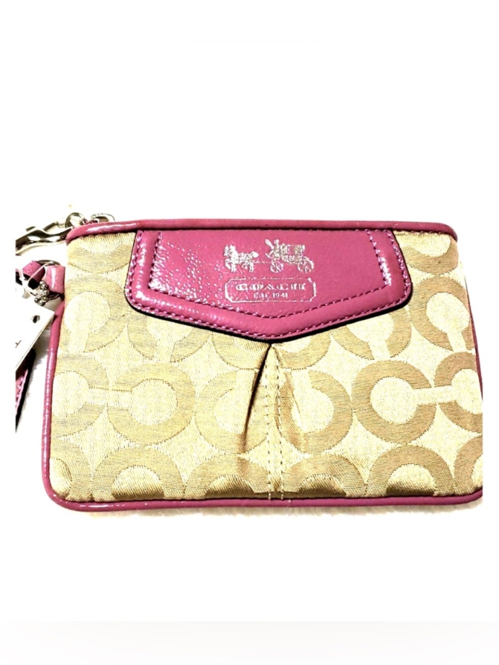 NWT Coach Madison Op Art Signature Pleated Wristlet - Khaki & Fuchsia Pink